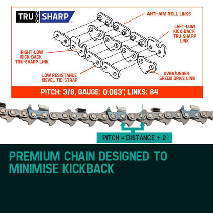 A close-up view of a coiled 24 Baumr-AG Chainsaw Chain 24in Bar Spare Part Replacement Suits 92CC Saws with sharp, silver cutting teeth and blue connecting links against a white background, perfectly compatible with the Baumr-AG SX92's 24' cutting bar.