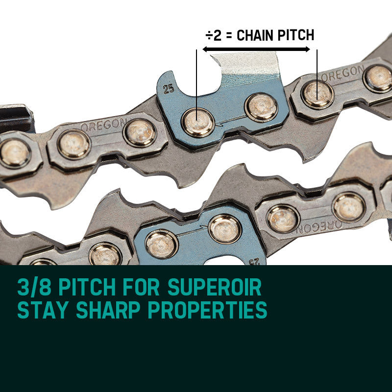 A close-up view of a coiled 24 Baumr-AG Chainsaw Chain 24in Bar Spare Part Replacement Suits 92CC Saws with sharp, silver cutting teeth and blue connecting links against a white background, perfectly compatible with the Baumr-AG SX92's 24' cutting bar.