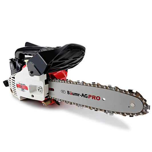 A gray Tradie's Mate Baumr-AG 25CC Petrol Chainsaw Arborist 10" Bar Tree Pruning Garden Chain Saw with a red engine section and black handle. The chainsaw is positioned on its side, showcasing its full length and the jagged chain on the blade. This lightweight 25cc 10" arborist chainsaw has the brand name and model clearly visible on the blade.