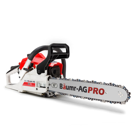 A Baumr-AG 38CC Petrol Commercial Chainsaw 16 Bar E-Start 3.2 HP Chain Saw with a powerful 38cc engine and 16" bar is displayed. The chainsaw is white and red, featuring a black handle with various controls visible. The brand name "Bäumer-AG PRO" is printed in large letters on the blade.