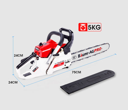 A Baumr-AG 38CC Petrol Commercial Chainsaw 16 Bar E-Start 3.2 HP Chain Saw with a powerful 38cc engine and 16" bar is displayed. The chainsaw is white and red, featuring a black handle with various controls visible. The brand name "Bäumer-AG PRO" is printed in large letters on the blade.