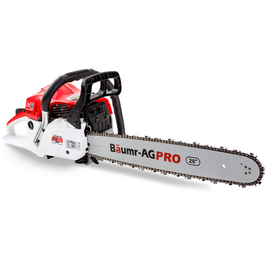 A red and white Tradie's Mate Baumr-AG 52CC Petrol Commercial Chainsaw 20 Bar E-Start Chain Saw with a powerful 52cc engine and a 20-inch blade is depicted. The chainsaw features a black handle and various mechanical parts visible, including an anti-vibration system. The image showcases the full length and design of the chainsaw.