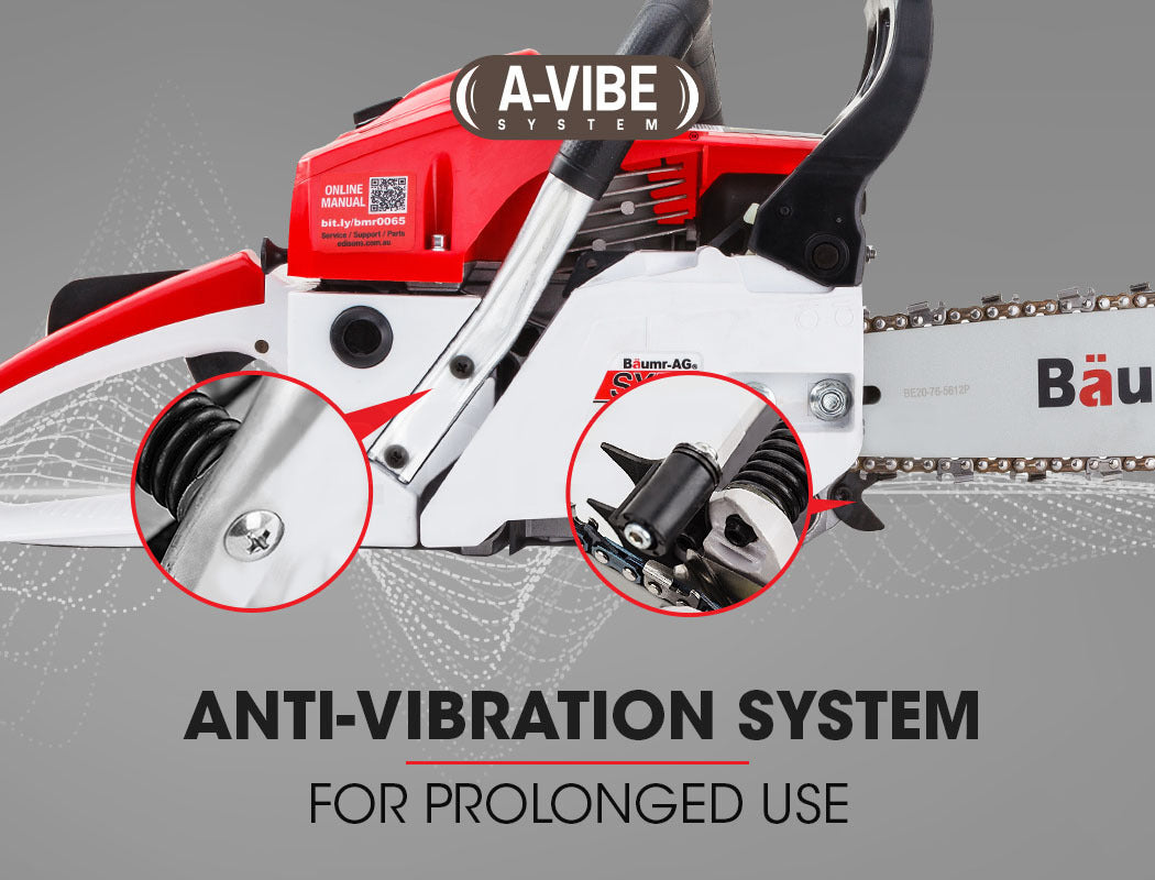 A red and white Tradie's Mate Baumr-AG 52CC Petrol Commercial Chainsaw 20 Bar E-Start Chain Saw with a powerful 52cc engine and a 20-inch blade is depicted. The chainsaw features a black handle and various mechanical parts visible, including an anti-vibration system. The image showcases the full length and design of the chainsaw.