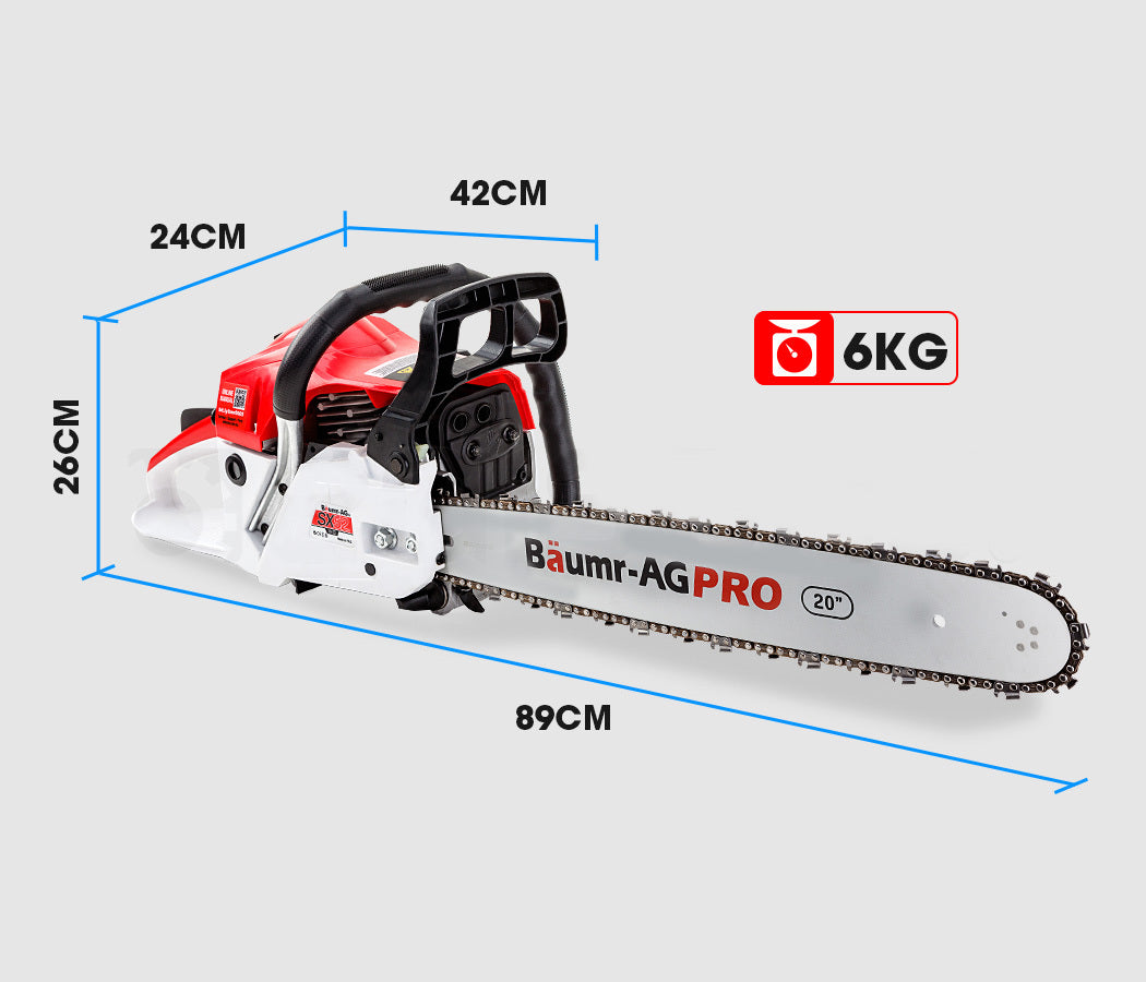 A red and white Tradie's Mate Baumr-AG 52CC Petrol Commercial Chainsaw 20 Bar E-Start Chain Saw with a powerful 52cc engine and a 20-inch blade is depicted. The chainsaw features a black handle and various mechanical parts visible, including an anti-vibration system. The image showcases the full length and design of the chainsaw.