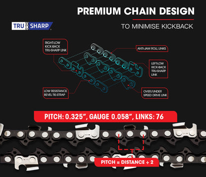 A red and white Tradie's Mate Baumr-AG 52CC Petrol Commercial Chainsaw 20 Bar E-Start Chain Saw with a powerful 52cc engine and a 20-inch blade is depicted. The chainsaw features a black handle and various mechanical parts visible, including an anti-vibration system. The image showcases the full length and design of the chainsaw.