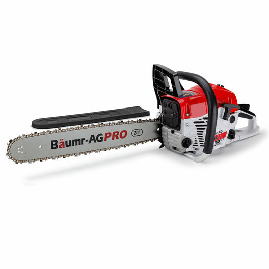 A red and silver chainsaw with a black handle and a long cutting bar labeled "Bäumr-AG PRO" in red and black text. This Baumr-AG 62CC Petrol Commercial Chainsaw 20 Bar E-Start Pruning Chain Saw model features a 20-inch blade and appears to be heavy-duty, making it suitable for professional use with its convenient E-Start system.