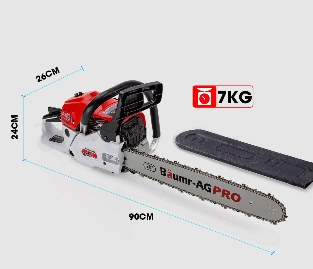 A red and silver chainsaw with a black handle and a long cutting bar labeled "Bäumr-AG PRO" in red and black text. This Baumr-AG 62CC Petrol Commercial Chainsaw 20 Bar E-Start Pruning Chain Saw model features a 20-inch blade and appears to be heavy-duty, making it suitable for professional use with its convenient E-Start system.