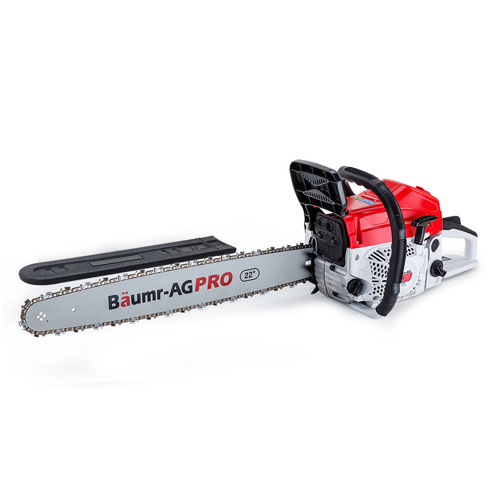 A red and silver chainsaw with the brand name "BAUMR-AG Commercial Petrol Chainsaw E-Start 22" Bar Chain Saw Tree Pruning Top Handle" printed on the blade. This Pro-Series 22' model boasts a 22-inch guide bar and chain, a black handle for grip, and various controls on the side for smooth operation. The image is set on a plain white background.