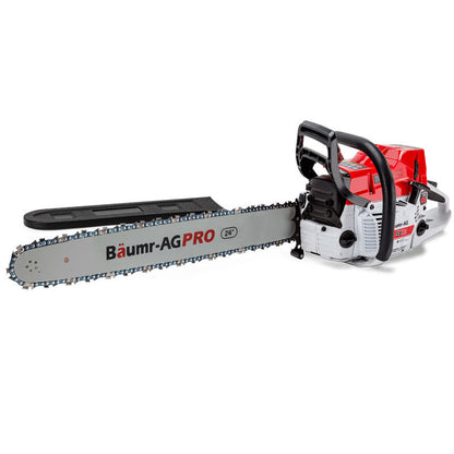 A professional-grade chainsaw with a long blade labeled "BAUMR-AG Commercial Petrol Chainsaw E-Start 24" Bar Chain Saw Top Handle Tree Pruning." Featuring a commercial engine and decompression valve, it boasts a red and white body, black handle, and visible chain. Its sturdy design meets the professional standard, making it ideal for heavy-duty cutting tasks.