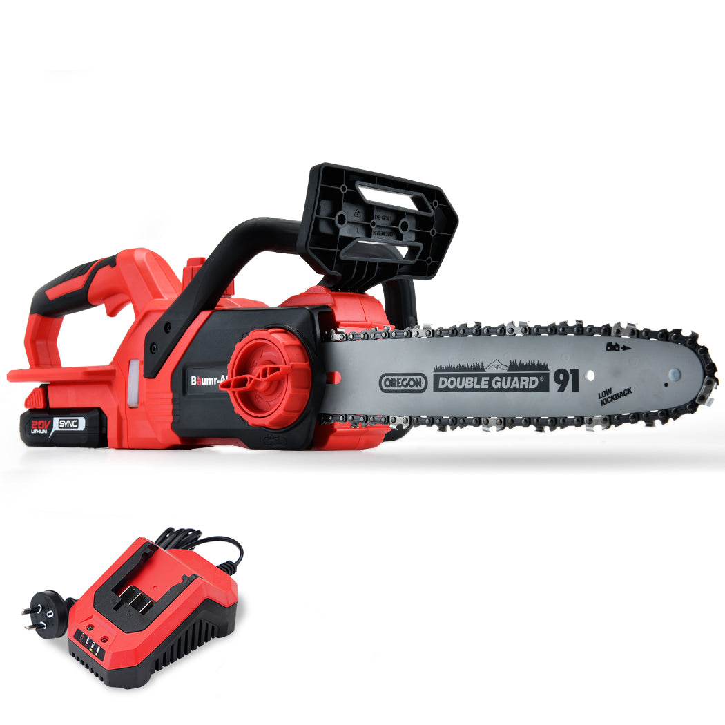 A Baumr-AG 20V 10 Inch Electric Cordless Chainsaw 2Ah Lithium Battery Lightweight Wood Garden Cutter is displayed against a white background. Below it rests a red and black battery charger, ideal for the Baumr-AG chainsaw. The chainsaw features a handle at the top and side, along with a protective guard.