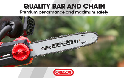 A Baumr-AG 20V 10 Inch Electric Cordless Chainsaw 2Ah Lithium Battery Lightweight Wood Garden Cutter is displayed against a white background. Below it rests a red and black battery charger, ideal for the Baumr-AG chainsaw. The chainsaw features a handle at the top and side, along with a protective guard.