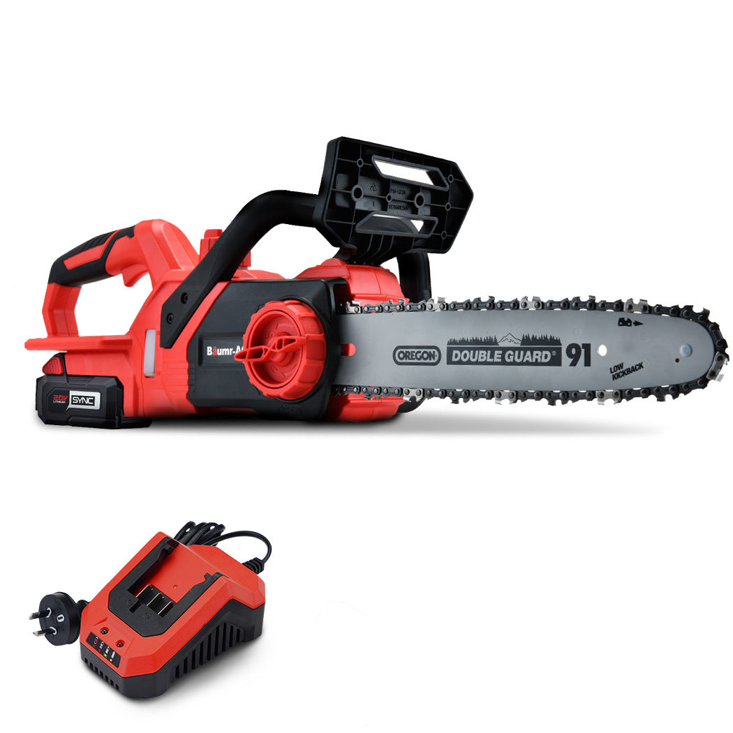 A red and black electric chainsaw branded "Baumr-AG 20V 12 Inch Electric Cordless Chainsaw 4Ah Lithium Battery Lightweight Wood Garden Cutter" is pictured with a battery charger placed below it. This lithium-ion chainsaw features a long metal blade with a chain, auto-chain lubrication, and a handle on top for control.