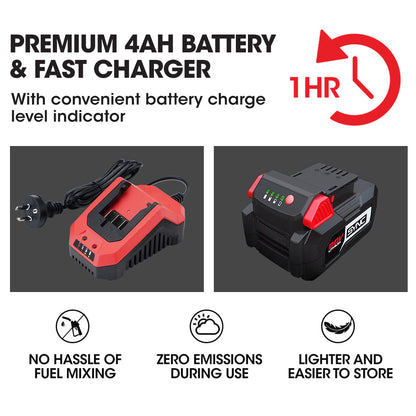 A red and black electric chainsaw branded "Baumr-AG 20V 12 Inch Electric Cordless Chainsaw 4Ah Lithium Battery Lightweight Wood Garden Cutter" is pictured with a battery charger placed below it. This lithium-ion chainsaw features a long metal blade with a chain, auto-chain lubrication, and a handle on top for control.