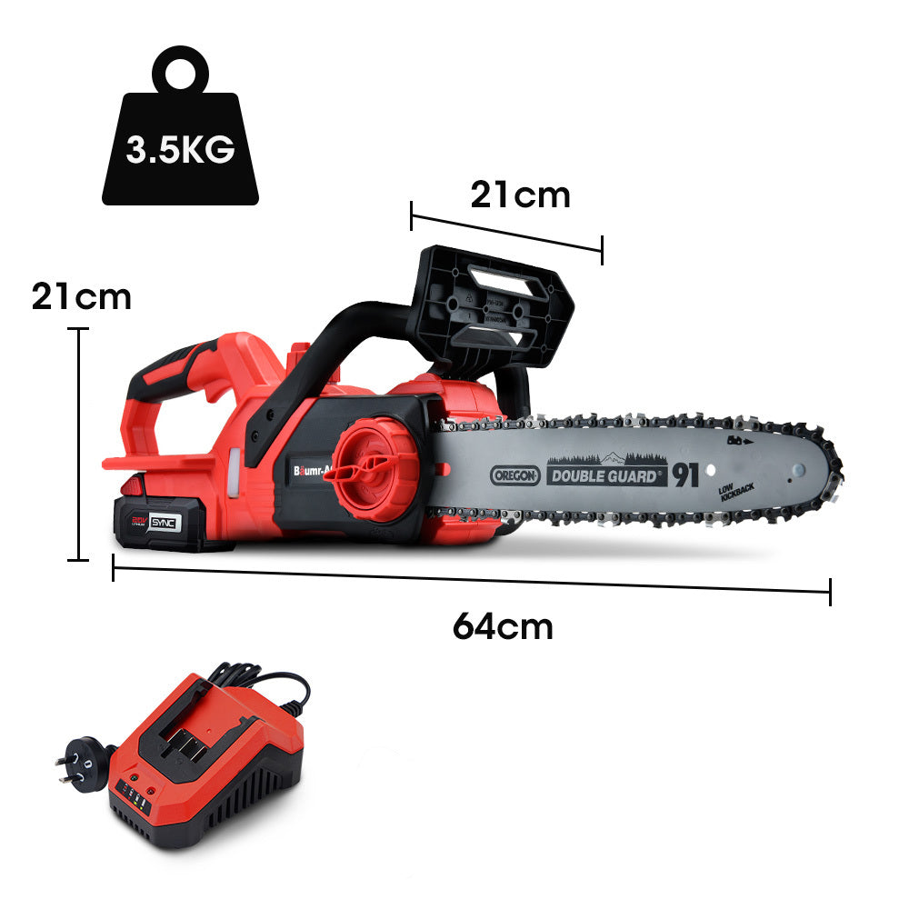 A red and black electric chainsaw branded "Baumr-AG 20V 12 Inch Electric Cordless Chainsaw 4Ah Lithium Battery Lightweight Wood Garden Cutter" is pictured with a battery charger placed below it. This lithium-ion chainsaw features a long metal blade with a chain, auto-chain lubrication, and a handle on top for control.