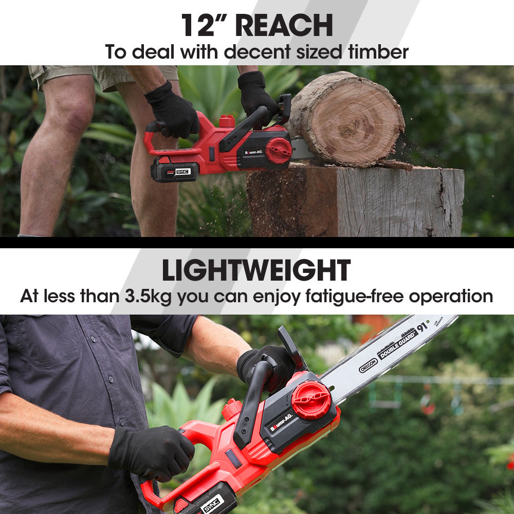 A red and black electric chainsaw branded "Baumr-AG 20V 12 Inch Electric Cordless Chainsaw 4Ah Lithium Battery Lightweight Wood Garden Cutter" is pictured with a battery charger placed below it. This lithium-ion chainsaw features a long metal blade with a chain, auto-chain lubrication, and a handle on top for control.