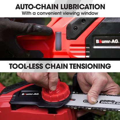 A red and black electric chainsaw branded "Baumr-AG 20V 12 Inch Electric Cordless Chainsaw 4Ah Lithium Battery Lightweight Wood Garden Cutter" is pictured with a battery charger placed below it. This lithium-ion chainsaw features a long metal blade with a chain, auto-chain lubrication, and a handle on top for control.