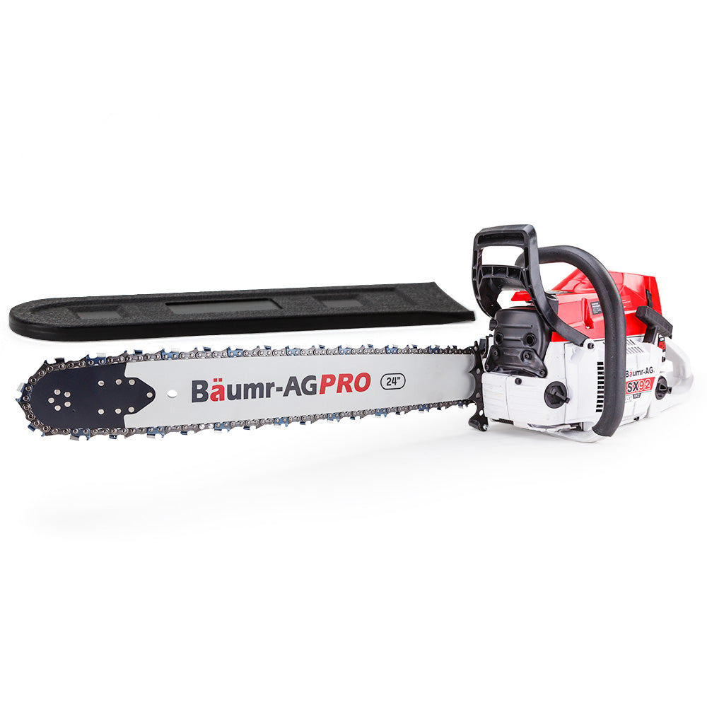 A red and white BAUMR-AG Petrol Commercial Chainsaw 24 Bar E-Start Chain Saw Top Handle Pruning, with "Bäumr-AG PRO" printed on the guide bar. This professional chainsaw is equipped with a long blade and a black handle. The SX92 chainsaw is showcased on a pristine white background, highlighting its robust design.