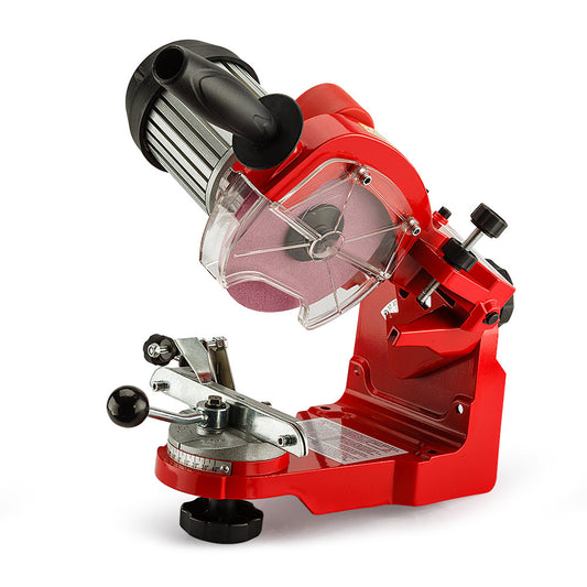 The Baumr-AG Chainsaw Sharpener 350W Alloy Chain Saw Electric Grinder Bench Tool features a grinding wheel and adjustable clamps. With a black handle and a transparent safety guard around the grinding wheel, it is designed for precision sharpening of chainsaw chains.