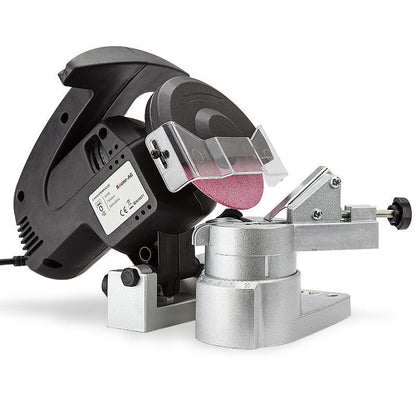 The Tradie's Mate Baumr-AG 320W Chainsaw Sharpener Chain Saw Electric Grinder File Pro Tool features a motor housing, grinding wheel, and an adjustable chain clamping base. This DIY sharpening machine includes a protective shield over the grinding wheel and various adjustment knobs, making it ideal for sharpening chainsaw chains.