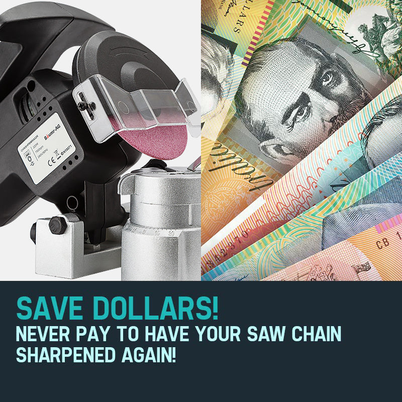 The Tradie's Mate Baumr-AG 320W Chainsaw Sharpener Chain Saw Electric Grinder File Pro Tool features a motor housing, grinding wheel, and an adjustable chain clamping base. This DIY sharpening machine includes a protective shield over the grinding wheel and various adjustment knobs, making it ideal for sharpening chainsaw chains.