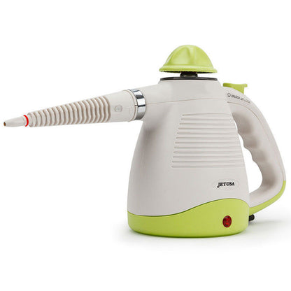 A handheld steam cleaner with a white and green color scheme, the JET-USA Portable Steam Cleaner Multi-Purpose High Pressure Handheld boasts a powerful 1000-watt heating system for chemical-free cleaning. Its long pointed nozzle, easy-grip handle, and circular green cap on top complete the design. The red power button is conveniently located at the base.