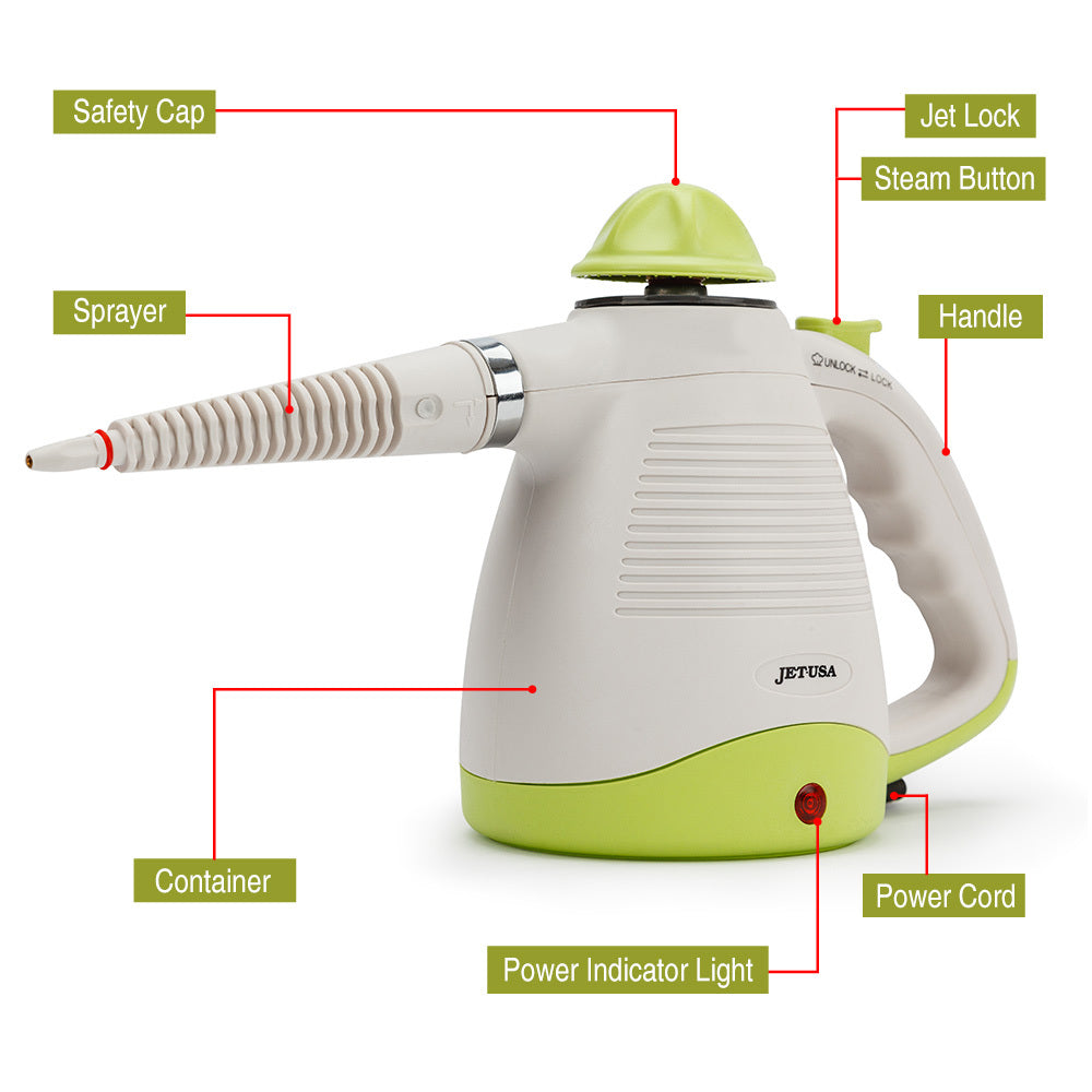 A handheld steam cleaner with a white and green color scheme, the JET-USA Portable Steam Cleaner Multi-Purpose High Pressure Handheld boasts a powerful 1000-watt heating system for chemical-free cleaning. Its long pointed nozzle, easy-grip handle, and circular green cap on top complete the design. The red power button is conveniently located at the base.