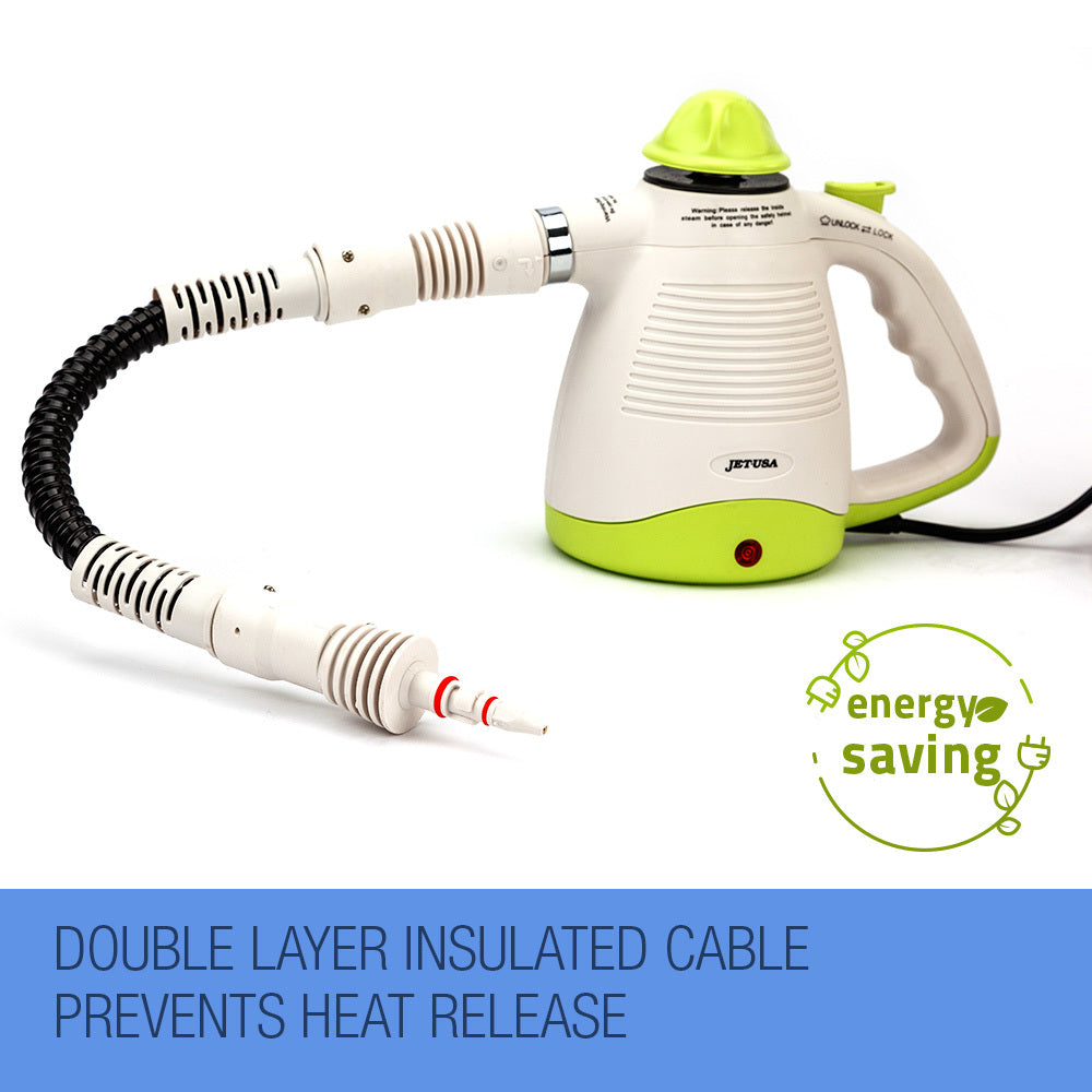 A handheld steam cleaner with a white and green color scheme, the JET-USA Portable Steam Cleaner Multi-Purpose High Pressure Handheld boasts a powerful 1000-watt heating system for chemical-free cleaning. Its long pointed nozzle, easy-grip handle, and circular green cap on top complete the design. The red power button is conveniently located at the base.