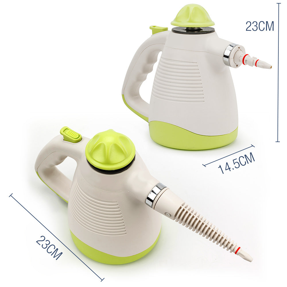 A handheld steam cleaner with a white and green color scheme, the JET-USA Portable Steam Cleaner Multi-Purpose High Pressure Handheld boasts a powerful 1000-watt heating system for chemical-free cleaning. Its long pointed nozzle, easy-grip handle, and circular green cap on top complete the design. The red power button is conveniently located at the base.