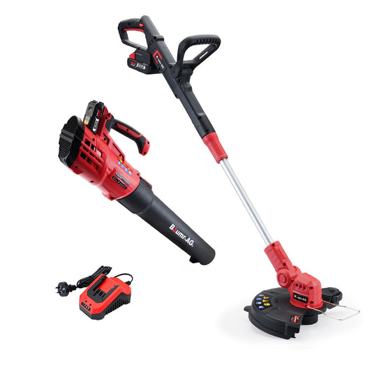 Introducing the BAUMR-AG 20V Cordless Line Trimmer Electric Whipper Snipper & Leaf Blower Combo Kit Battery Charger, featuring a red and black leaf blower and matching Lithium Whipper Snipper. The Leaf Blower Combo includes ergonomic handles, a charger, and a battery, all displayed on a crisp white background.