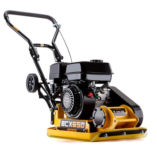 The Baumr-AG 61kg 6.5HP Plate Compactor- BCX650 features a 6.5HP engine, yellow and black design, and a sturdy metal frame for heavy-duty tasks. Its wheels ensure easy portability, and the model number BCX650 is clearly visible on the side.