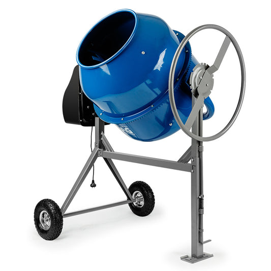 A blue and black Tradie's Mate Baumr-AG 220L Portable Cement Concrete Mixer Electric Construction Sand Gravel Mortar with a large round drum, supported by a steel frame with two wheels for mobility. This concrete mixer features a hand-operated wheel for tilting the drum to pour out the mixed contents. The frame stands on a grey tripod base.