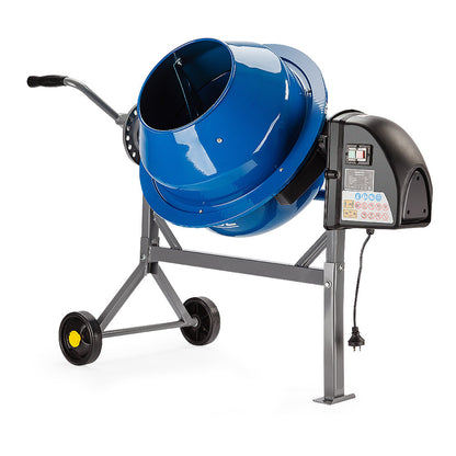 A blue Tradie's Mate Baumr-AG 70L Portable Cement Concrete Mixer Electric Construction Sand Gravel with a grey metal frame, black handle, and two black wheels with yellow hubs. The mixer features dual fast-mix blades inside a tiltable drum, along with a black motor housing that includes a control panel and power cord. The drum is shown tilted forward to reveal the interior.