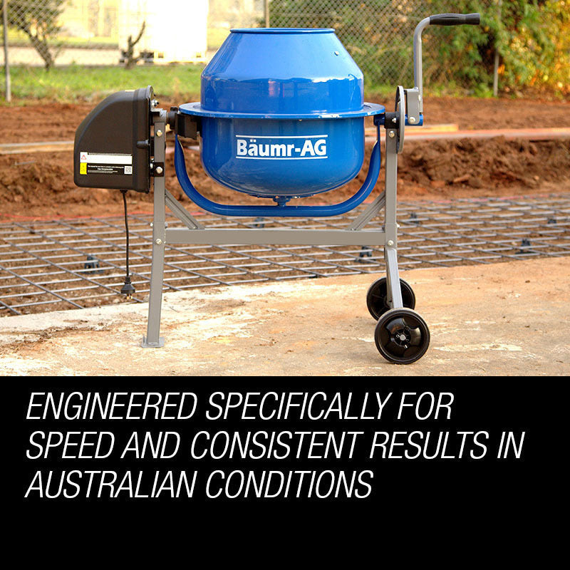 A blue Tradie's Mate Baumr-AG 70L Portable Cement Concrete Mixer Electric Construction Sand Gravel with a grey metal frame, black handle, and two black wheels with yellow hubs. The mixer features dual fast-mix blades inside a tiltable drum, along with a black motor housing that includes a control panel and power cord. The drum is shown tilted forward to reveal the interior.