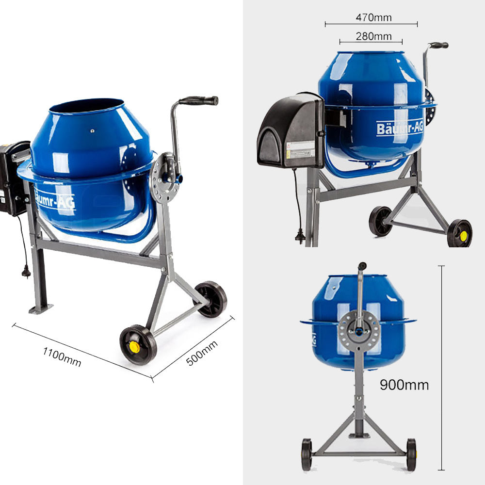 A blue Tradie's Mate Baumr-AG 70L Portable Cement Concrete Mixer Electric Construction Sand Gravel with a grey metal frame, black handle, and two black wheels with yellow hubs. The mixer features dual fast-mix blades inside a tiltable drum, along with a black motor housing that includes a control panel and power cord. The drum is shown tilted forward to reveal the interior.