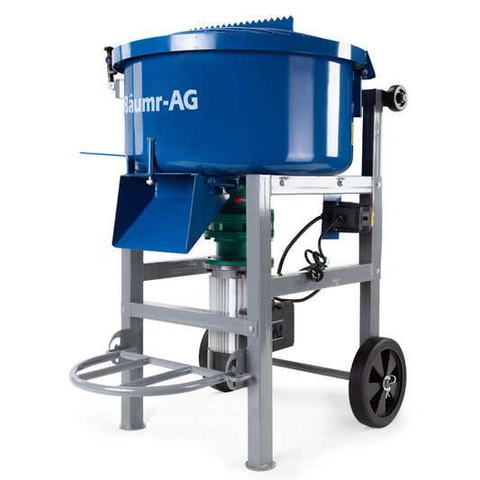 A blue Baumr-AG 100L Portable Cement Concrete Mixer 1500W Electric Construction Sand Gravel Mortar with a cylindrical drum mounted on a gray metal frame. The mixer has two wheels for mobility and a handle for easy maneuvering. A protective grate covers the top of the drum, and an efficient high-torque motor is visible below the drum.