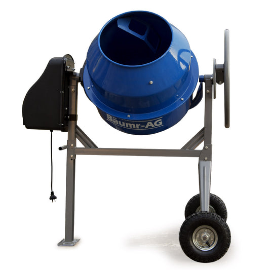 A portable blue Baumr-AG 135L Cement Concrete Mixer Electric Portable Construction Sand Gravel with a large drum, mounted on a metal frame with two wheels for mobility. The machine features a black motor casing on one side, dual fast-mix blades, and a hand-driven wheel for tilting the drum. The brand name "Baumr-AG" is visible on the drum.