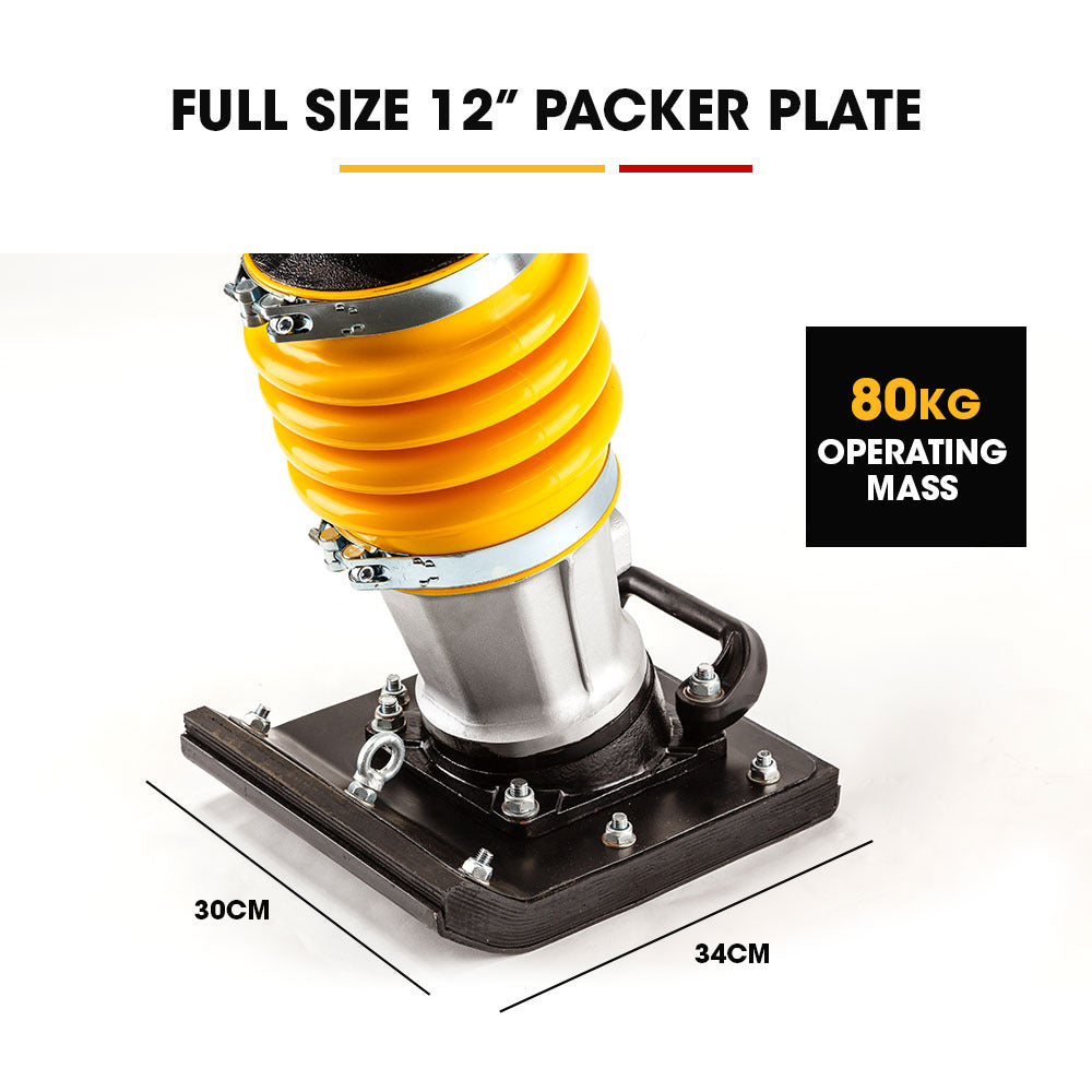 A compact, yellow and black construction machine from the Site-Mate Series, likely a Baumr-AG 80kg Tamper Rammer Compactor - Wacker Petrol 7HP Packer Jack Plate, featuring a 7HP engine. It has a metal base, spring-loaded mechanism, handles for control, and visible brand labeling on the upper portion. Expect high performance with impressive percussions per minute.