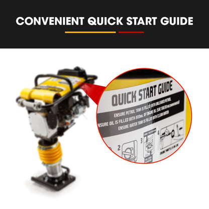 A compact, yellow and black construction machine from the Site-Mate Series, likely a Baumr-AG 80kg Tamper Rammer Compactor - Wacker Petrol 7HP Packer Jack Plate, featuring a 7HP engine. It has a metal base, spring-loaded mechanism, handles for control, and visible brand labeling on the upper portion. Expect high performance with impressive percussions per minute.