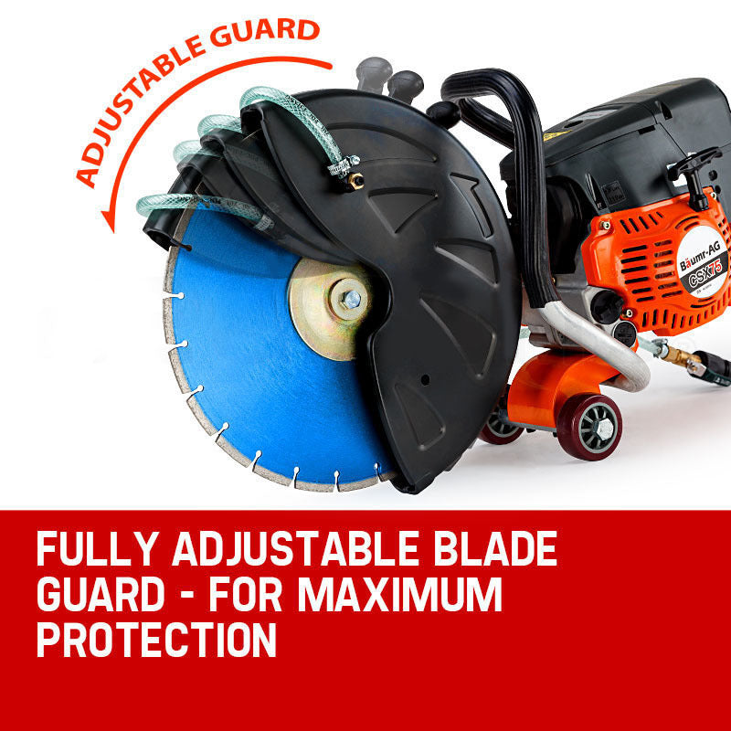 A powerful Baumr-AG 75cc Concrete Cut Off Demolition Saw Wet Demo Road Cutter Brick equipped with a large blue masonry blade. The saw is orange with black and silver components, featuring a handle for grip and wheels on the base for mobility, displaying the brand name and model number on the side. Ideal for wet cutting system applications.