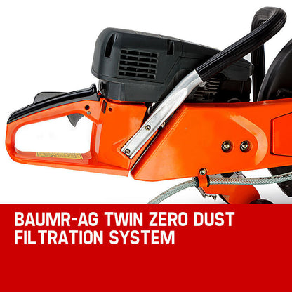 A powerful Baumr-AG 75cc Concrete Cut Off Demolition Saw Wet Demo Road Cutter Brick equipped with a large blue masonry blade. The saw is orange with black and silver components, featuring a handle for grip and wheels on the base for mobility, displaying the brand name and model number on the side. Ideal for wet cutting system applications.