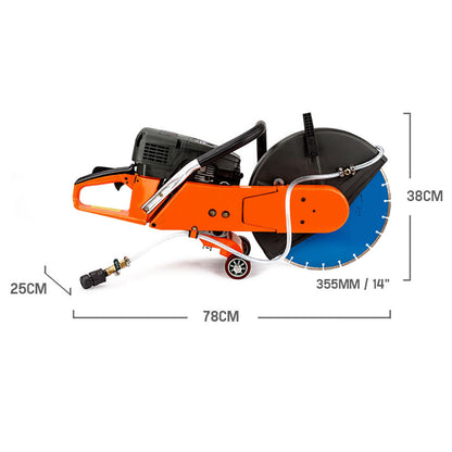 A powerful Baumr-AG 75cc Concrete Cut Off Demolition Saw Wet Demo Road Cutter Brick equipped with a large blue masonry blade. The saw is orange with black and silver components, featuring a handle for grip and wheels on the base for mobility, displaying the brand name and model number on the side. Ideal for wet cutting system applications.