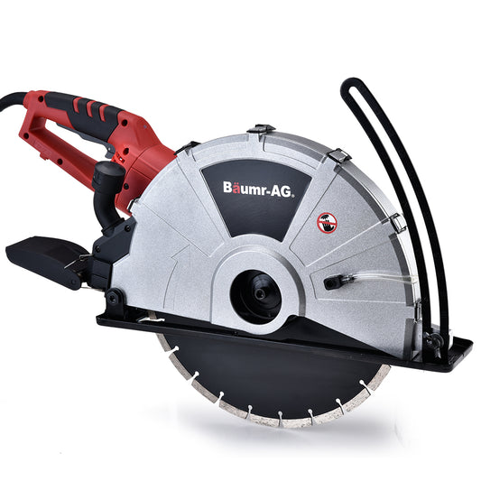 A BAUMR-AG 2400W Electric Concrete Saw 355mm Demolition Cutter Wet Dry Demo Tool Circular Cutting with a metallic silver body, a large diamond cutting blade, and a red and black handle. The saw is designed for heavy-duty cutting, boasting 2400 watts of power, and equipped with a front guide and handle for precision and stability.