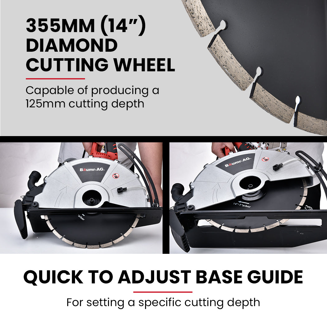 A BAUMR-AG 2400W Electric Concrete Saw 355mm Demolition Cutter Wet Dry Demo Tool Circular Cutting with a metallic silver body, a large diamond cutting blade, and a red and black handle. The saw is designed for heavy-duty cutting, boasting 2400 watts of power, and equipped with a front guide and handle for precision and stability.