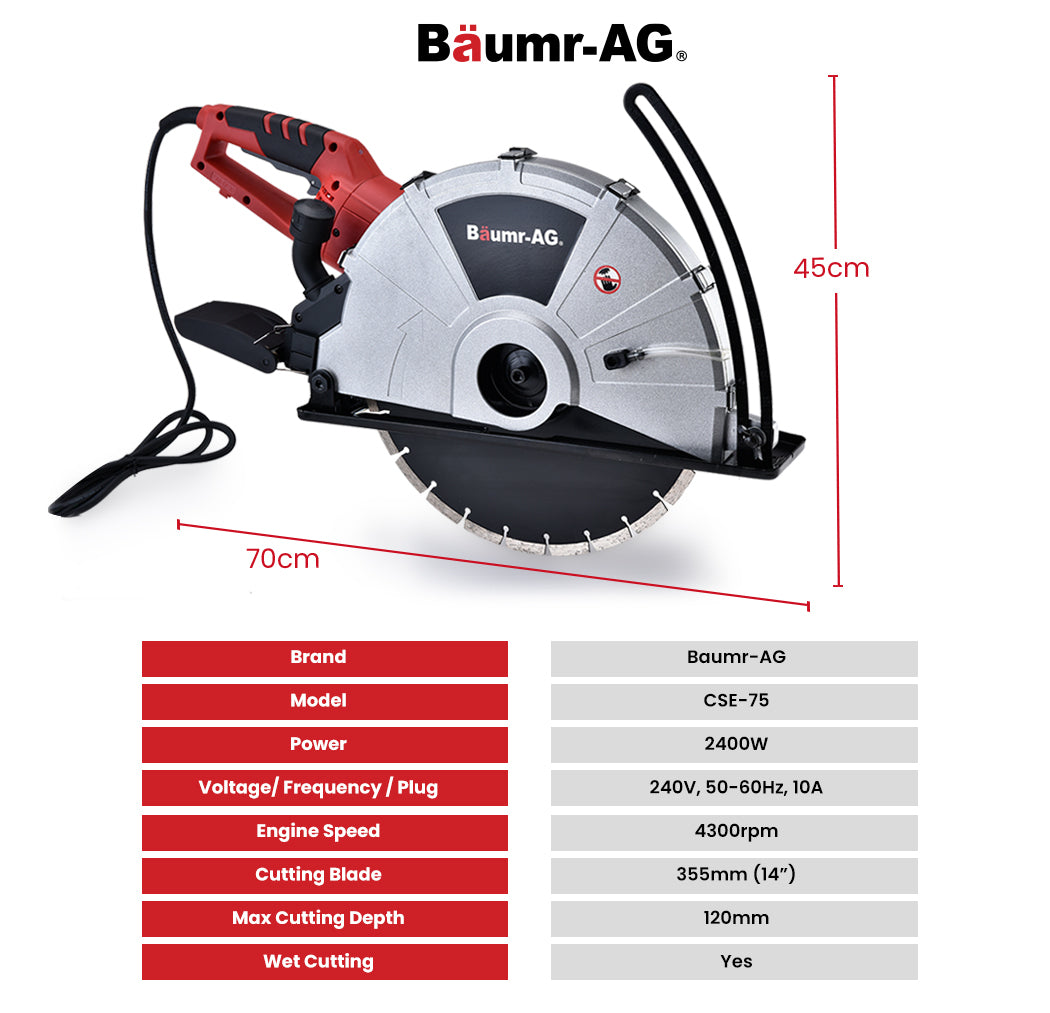 A BAUMR-AG 2400W Electric Concrete Saw 355mm Demolition Cutter Wet Dry Demo Tool Circular Cutting with a metallic silver body, a large diamond cutting blade, and a red and black handle. The saw is designed for heavy-duty cutting, boasting 2400 watts of power, and equipped with a front guide and handle for precision and stability.