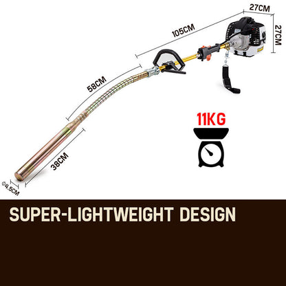 An image of a Baumr-AG Commercial Concrete Vibrator Cement Portable Tool Unit Hard Nose. It features a long, extendable pole with a saw attachment at the end, a handle in the middle, and a shoulder strap connected to the engine. The saw is designed for trimming branches and other high-reach tasks.