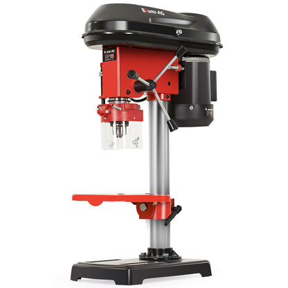 A red and black Baumr-AG 420W Drill Press Pedestal Benchtop Stand Pillar Variable Speed with a sturdy base, a lever for controlling the drill, a clear plastic guard around the drill bit, and an adjustable work table. Equipped with a 420W motor and variable speed settings, this machine is designed for precise drilling in various metal and woodworking tasks.