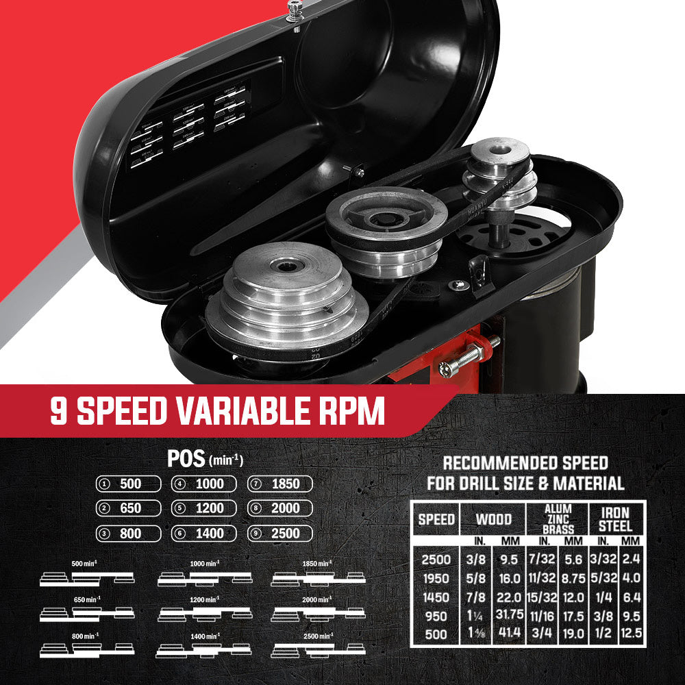 A red and black Baumr-AG 420W Drill Press Pedestal Benchtop Stand Pillar Variable Speed with a sturdy base, a lever for controlling the drill, a clear plastic guard around the drill bit, and an adjustable work table. Equipped with a 420W motor and variable speed settings, this machine is designed for precise drilling in various metal and woodworking tasks.