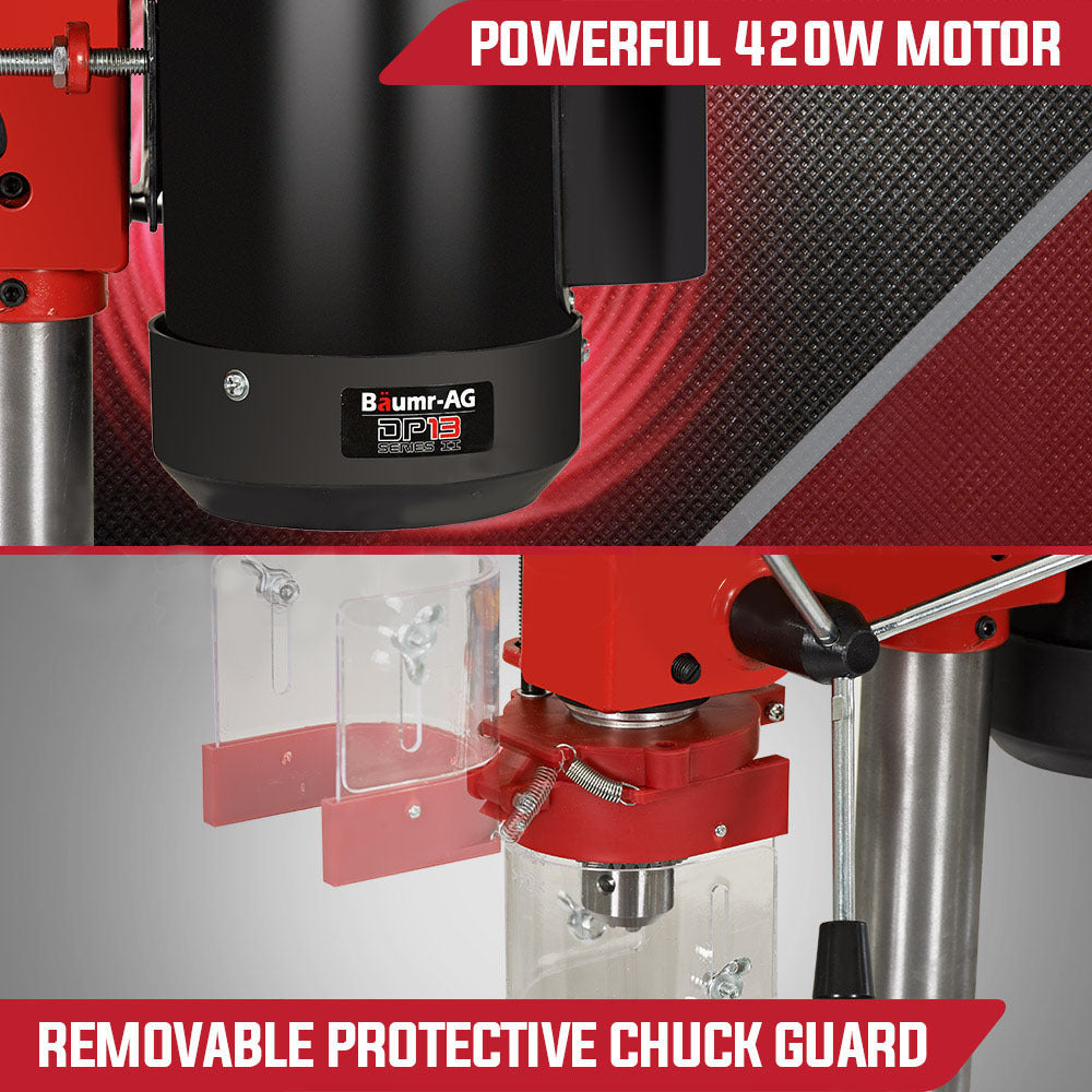 A red and black Baumr-AG 420W Drill Press Pedestal Benchtop Stand Pillar Variable Speed with a sturdy base, a lever for controlling the drill, a clear plastic guard around the drill bit, and an adjustable work table. Equipped with a 420W motor and variable speed settings, this machine is designed for precise drilling in various metal and woodworking tasks.