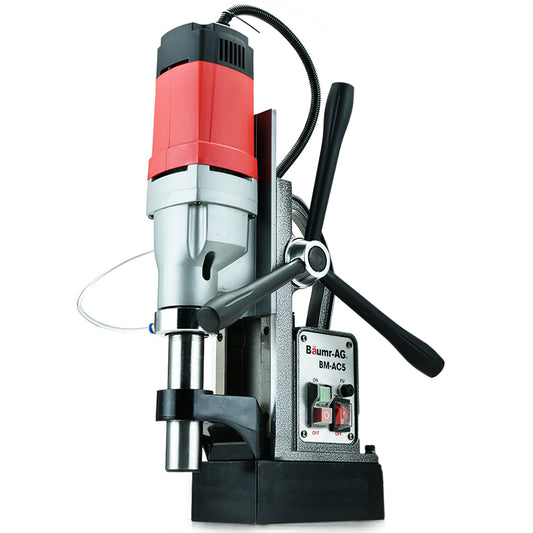 A red and silver magnetic drill press with a black handle and a control panel labeled "Baumr-AG Annular Cutter Magnetic Core Hole Drill Press Metal Machine Drilling." Ideal for industrial steel fabrication, this tool features a cylindrical body and is mounted on a black base, ensuring accurate cutting every time.