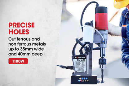 A heavy-duty industrial tool, the Baumr-AG Annular Cutter Magnetic Core Hole Drill Press Machine Metal Drilling features a silver and red motor, black handle grips, and a control panel with on/off switches. Mounted on a black base, it has wires extending from the top and side to connect components—ideal for steel fabrication tasks.